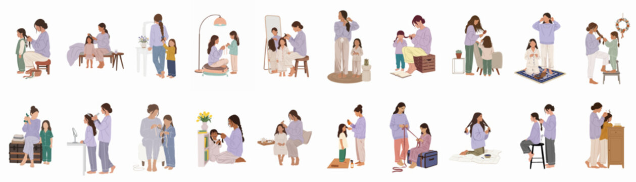 Collection of flat illustrations of mothers and daughters bonding through hair styling routines, braiding hair, and morning preparations in cozy pajamas.