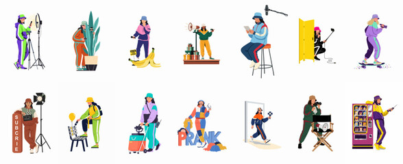 Fototapeta premium Set of Diverse Young Women Characters in Colorful Sportswear Engaging in Video Production, Blogging, and Content Creation Activities