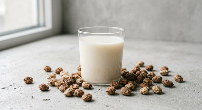 Glass of Creamy Tigernut Milk with Whole Tigernuts Concrete