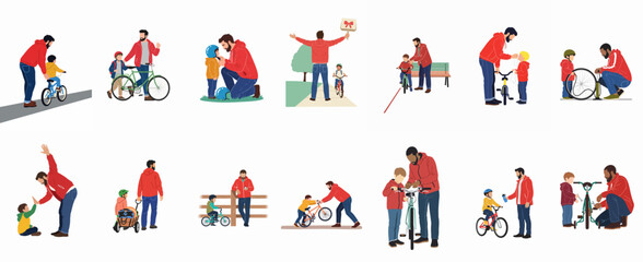 Fototapeta premium Set of illustrations depicting a father and son engaged in various cycling activities, including teaching, learning, maintenance, and bonding moments together.