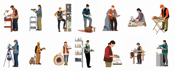 Diverse set of geologists and mineralogists studying and collecting various mineral specimens, crystals, and fossils in different scientific and hobby environments. © michael
