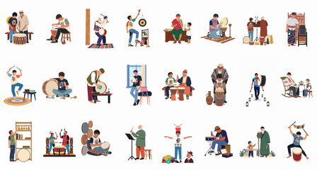 Fototapeta premium Diverse collection of characters playing various traditional and modern percussion instruments, depicting cultural heritage and intergenerational music learning on a white background.