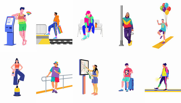 Vector illustration set of diverse people in colorful clothing and pride accessories at a transit station or terminal