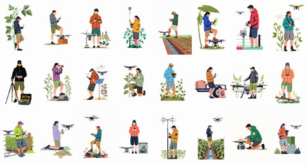 Fototapeta premium Professional flat vector illustrations of agricultural technicians and farmers using drones and smart technology for modern farming and environmental monitoring.