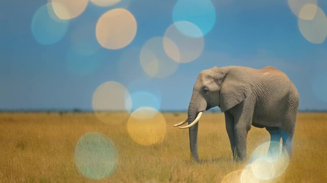 African Elephant in Savanna with Bokeh Lights 4K Generative AI