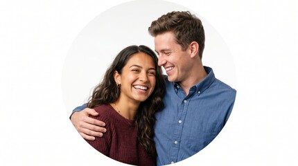 Obraz premium Happy couple laughing together in a bright studio with natural light and a clean white background