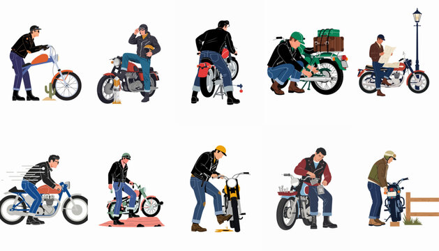 Collection of vintage-style illustrations featuring men in leather jackets with classic motorcycles, engaged in various activities like riding, repairing, and traveling.