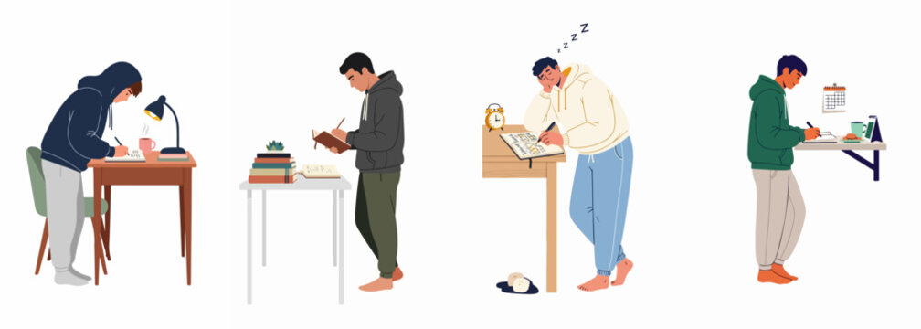 Vector illustration of a young man studying in different scenes, depicting student life, hard work, and exam preparation at home.