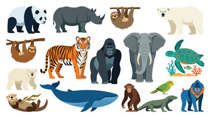 Obraz premium Collection of various wild animal characters including panda tiger elephant and whale in flat vector style.
