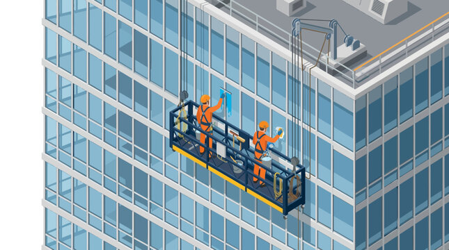 Isometric Illustration of Professional Window Cleaners on Skyscraper Facade
