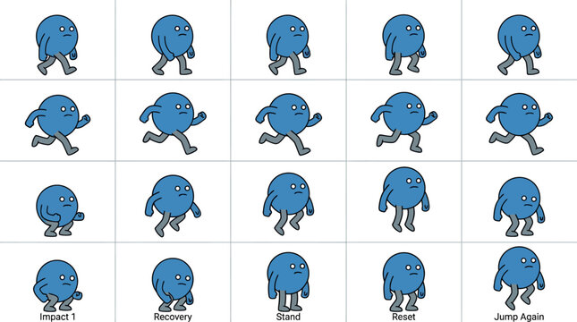 Blue Character Animation Spritesheet: Walking, Running, Jumping, Idle Poses