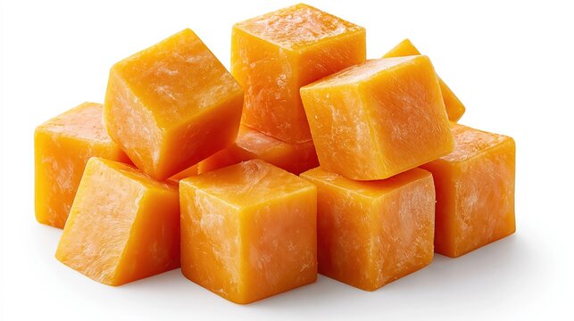 Pile of Freshly Cubed Bright Orange Sweet Potatoes Isolated on White Background