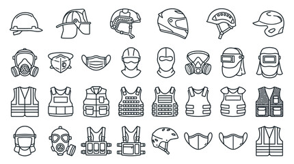 Fototapeta premium Collection of Safety and Protective Gear Icons: Helmets, Vests, Masks, and More