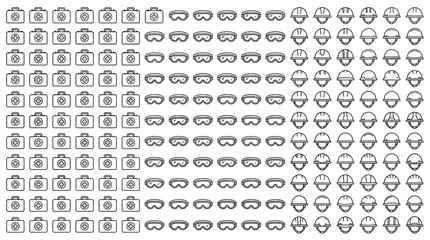 Fototapeta premium Collection of Safety Equipment Icons: Hard Hats, Goggles, First Aid Kits