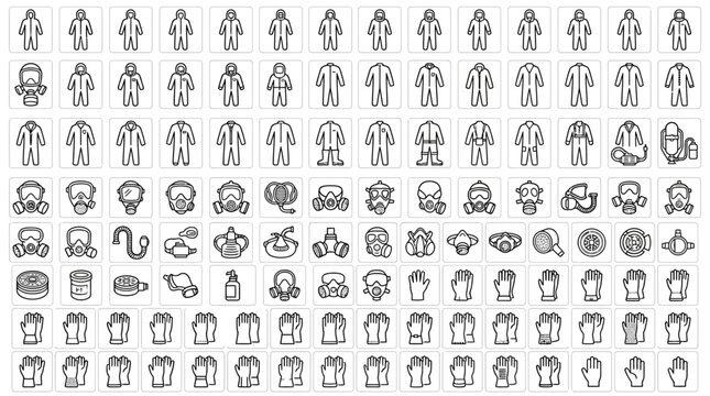 Collection of Protective Gear Icons: Hazmat Suits, Masks, Helmets, Gloves