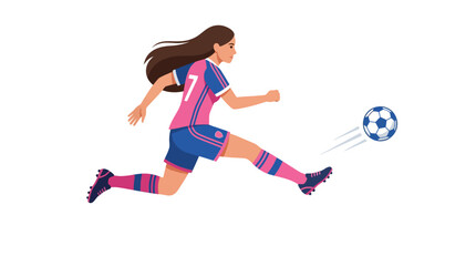 Obraz premium Female Soccer Player Kicking Ball, Athletic Woman in Uniform, Sports Action Illustration