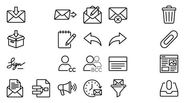 Email Icons Set: Inbox, Send, Reply, Delete, Attach, Draft, Compose, CC, BCC, Spam