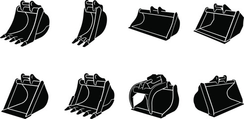 Excavator Bucket Attachment Silhouette Set with Construction Digging and Material Handling Equipment © MD