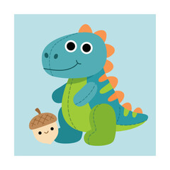 Obraz premium A cute plush dinosaur toy sits next to a small happy acorn