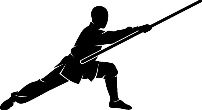 Silhouette of martial artist with spear in action pose.