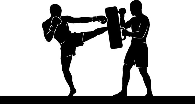Two martial artists practicing kick techniques with focus pads.