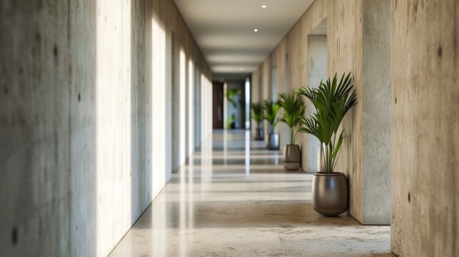Sunlit Concrete Corridor with Symmetrical Planters and Lush Greenery in a Modern Building