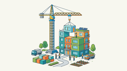 Fototapeta premium Isometric Modular Construction Site Illustration with Crane and Sustainable Prefabricated Building Modules