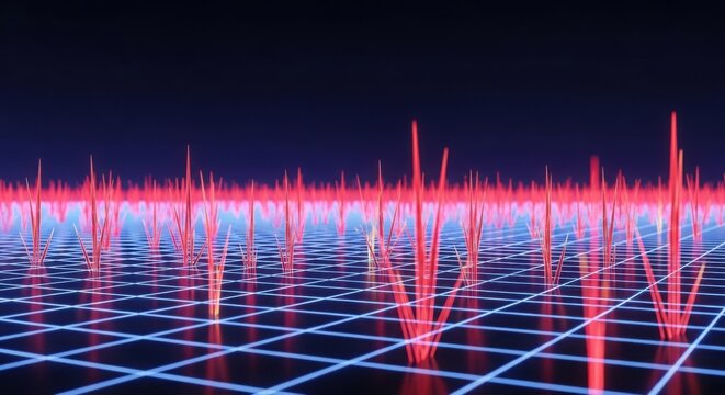 Retro synthwave landscape with digital grid and glowing light spikes illustration futuristic