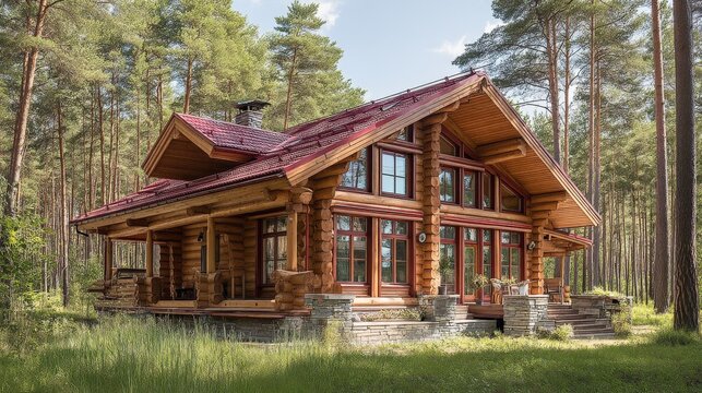 Authentic wooden log cabin nestled in a serene pine forest with a red roof and expansive windows