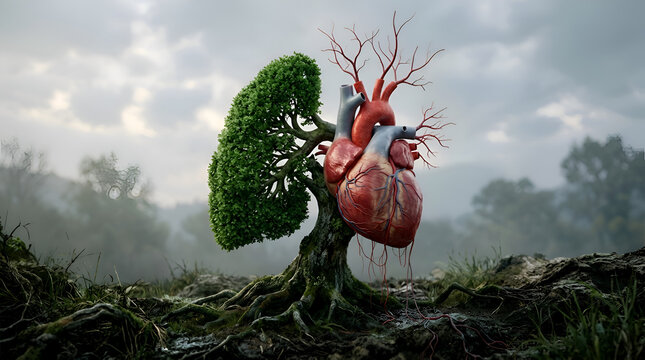 Surreal tree growing a human heart and green lung in a misty landscape symbolizing vitality and the connection between nature and human biology
