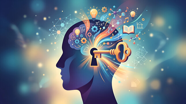Human head silhouette with key unlocking creative mind, inspiration, mental potential, and intelligence