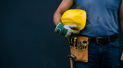 Fototapeta premium Professional Construction Worker Holding Safety Equipment and Tool Belt for Building Projects