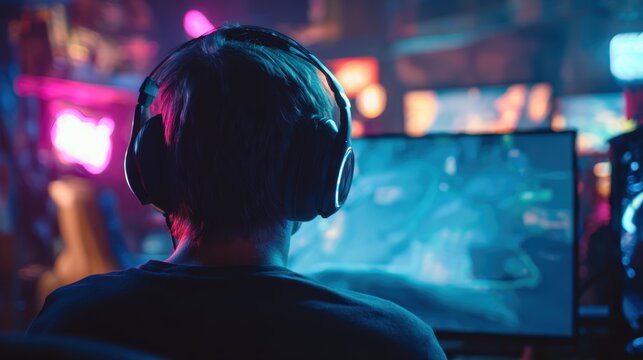 pro gamer man in headphones live streaming while playing online computer game, neon lights, esports,  gaming, monitor, play, young, player, internet, enjoyment, cyber,