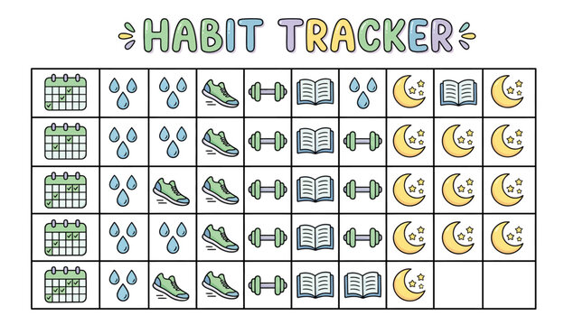 Habit Tracker Template with Icons for Daily Goals: Fitness, Reading, Sleep, Hydration