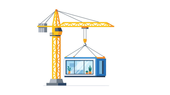 Industrial tower crane lifting a modern modular container house flat vector illustration isolated on white background