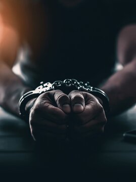 Close-up of hands cuffed together, symbolizing arrest, crime, and restriction