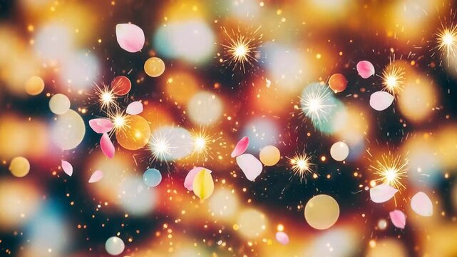 Sparkling golden background with floating flower petals for celebration. Festive bokeh light effect with glitter for Ganesh Chaturthi or religious event backdrop.