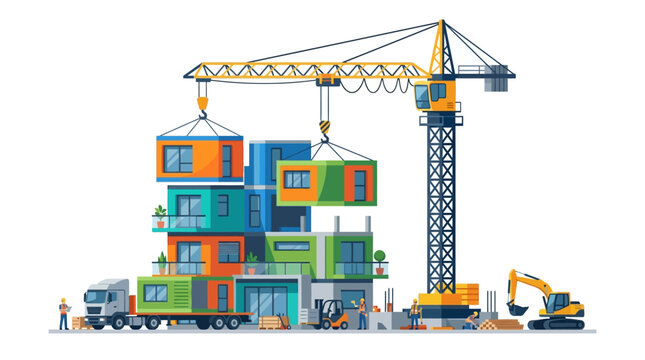 Modular house construction with crane and prefab units vector illustration