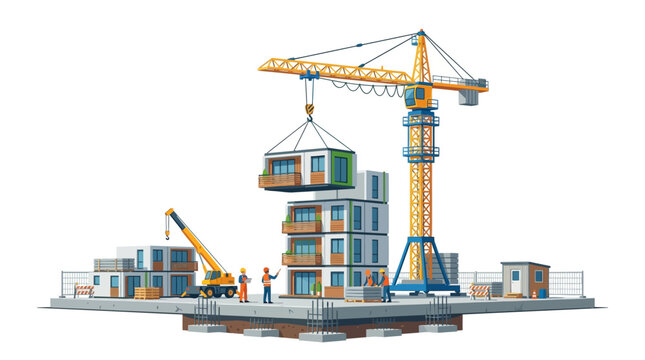 Modular house construction site with tower crane lifting prefab units. Sustainable building and industrial architecture illustration isolated on white.
