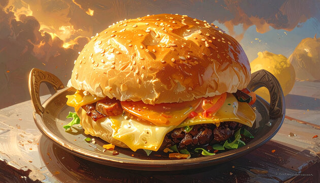 Gourmet Beef Cheeseburger on Metal Plate with Artistic Background