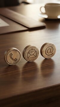 Wooden contact icons with phone, email, and at symbol on office desk with laptop and coffee cup for business communication.