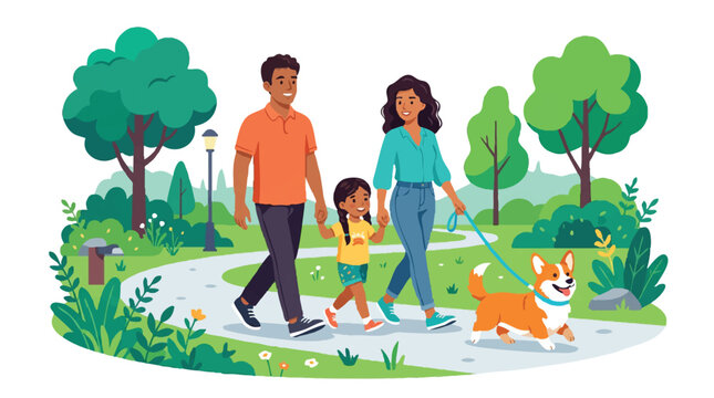 Happy Diverse Family Walking Corgi Dog in Sunny Public Park Vector Illustration