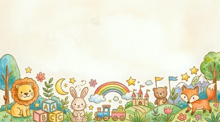 Fototapeta premium Children's nursery border with lion, rabbit, fox, owl, rainbow, castle, blocks, moon, stars, and colorful plants on cream background. Suitable for wallpaper, fabric, and educational materials.