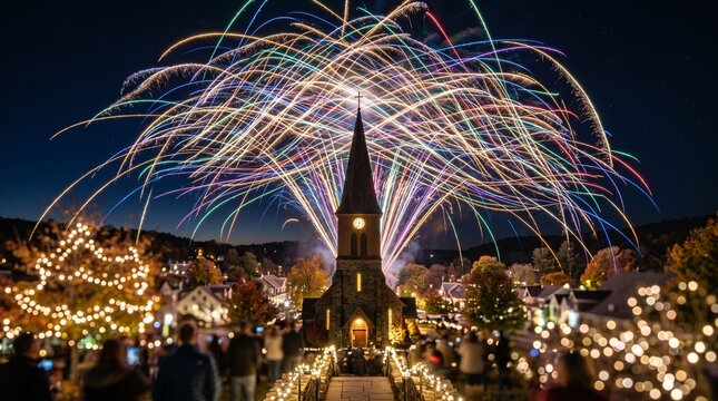 Fireworks exploding above a church in a small town at night with people watching