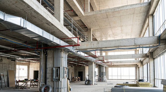 Commercial construction interior with exposed MEP systems and electrical wiring under development