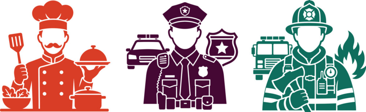 Three professionals chef police officer firefighter with tools and equipment illustration