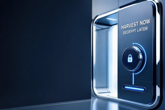 Futuristic digital lock with harvest now decrypt later warning and glowing secure vault concept