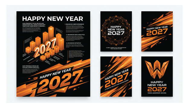 Happy new year 2027 business report and event poster collection with orange isometric growth charts and abstract particle light effects celebration isometric business template abstract