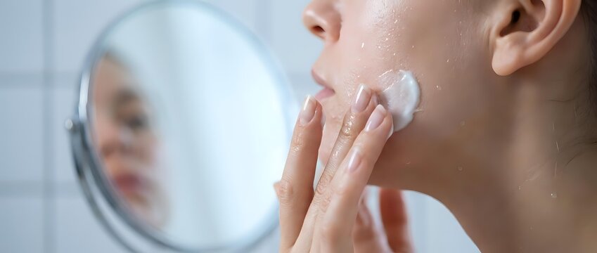 Young adult male applying skincare cream to face while looking in mirror, morning grooming routine and personal care.