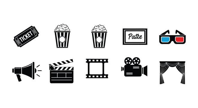A collection of black and white icons representing cinema and movie-watching experiences is displayed against a white background.